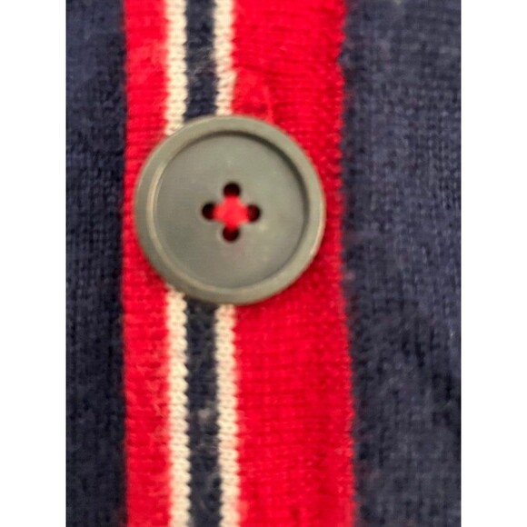CARDIGAN 100% Merino Wool Men's Cardigan Navy Blue Red Stripe Button Sweater M - Picture 9 of 11